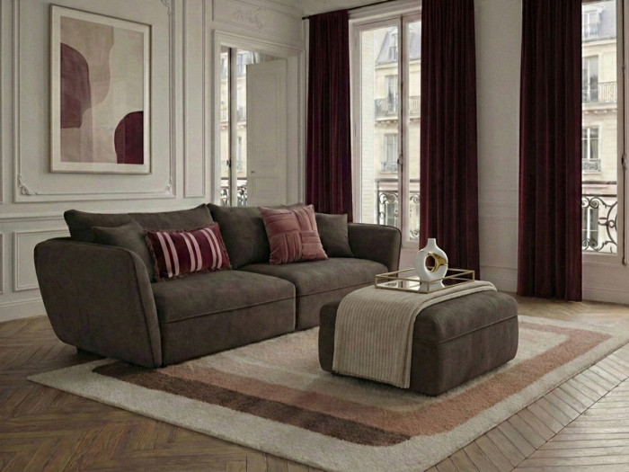 Canapé 3 places LUIGI tissu texturé avec pouf