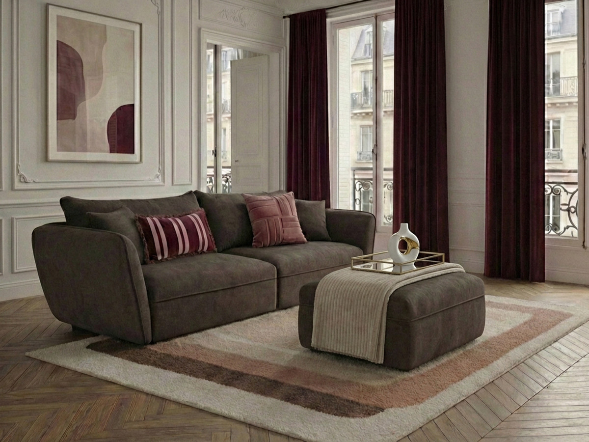 Canapé droit fixe 3 places LUIGI tissu lisse avec pouf