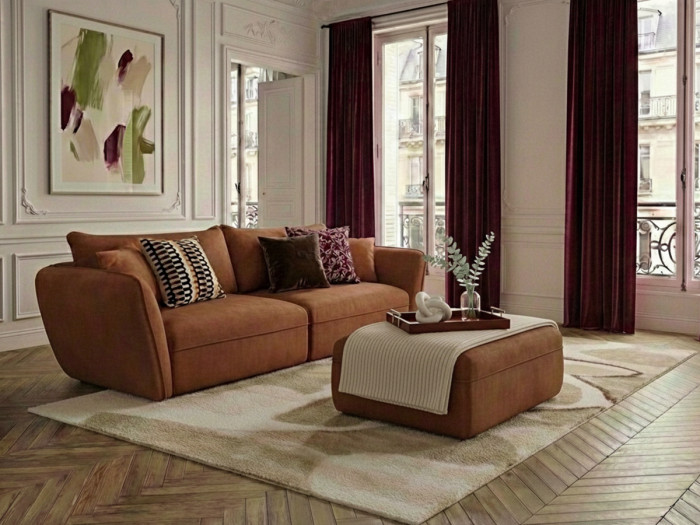 Canapé 3 places LUIGI tissu texturé avec pouf