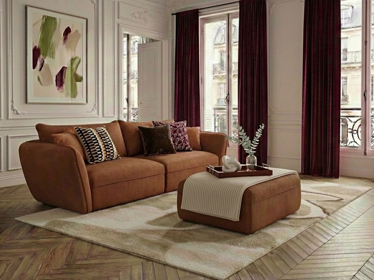 Canapé droit 3 places LUIGI lisse avec pouf orange