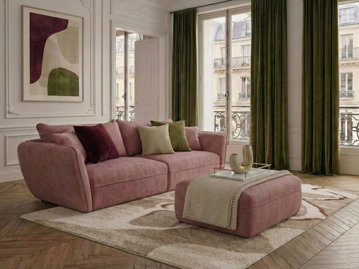 Canapé droit fixe 3 places LUIGI tissu lisse avec pouf