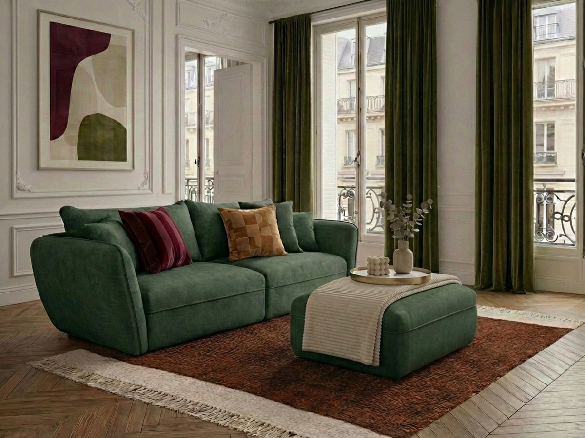 Canapé droit fixe 3 places LUIGI tissu lisse avec pouf