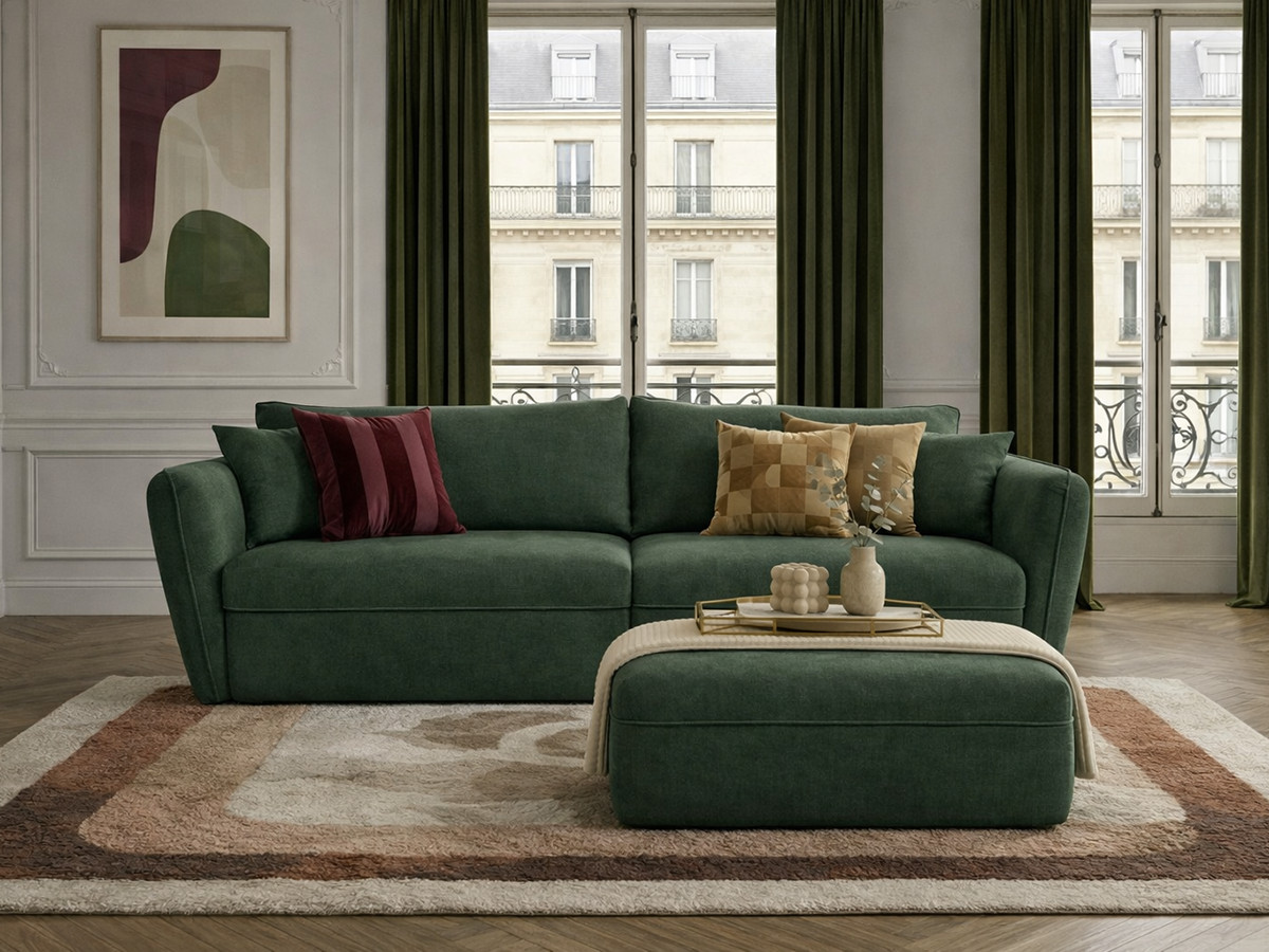 Canapé droit fixe 3 places LUIGI tissu lisse avec pouf