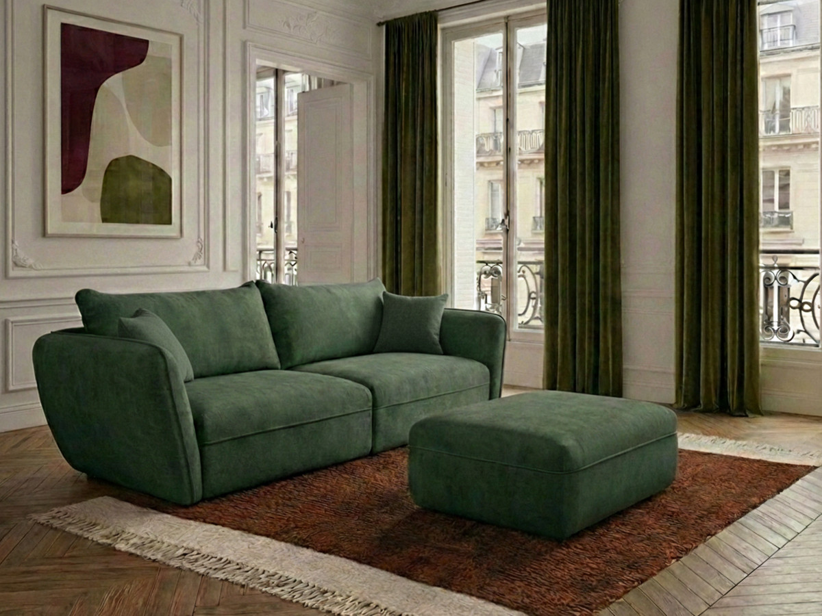 Canapé droit fixe 3 places LUIGI tissu lisse avec pouf