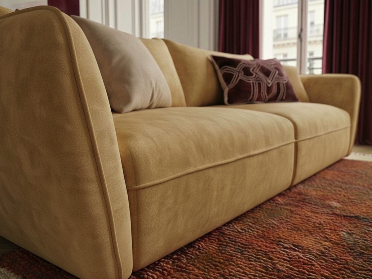 Canapé droit 3 places LUIGI texturé avec pouf jaune — vue 6