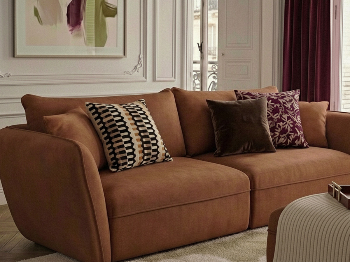 Canapé droit 3 places LUIGI texturé avec pouf orange — vue 5