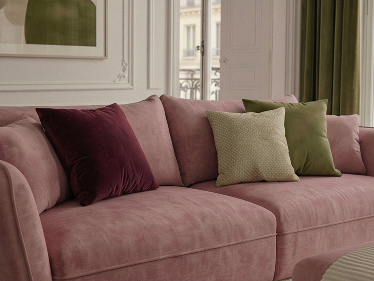 Canapé droit 3 places LUIGI lisse avec pouf rose — vue 5