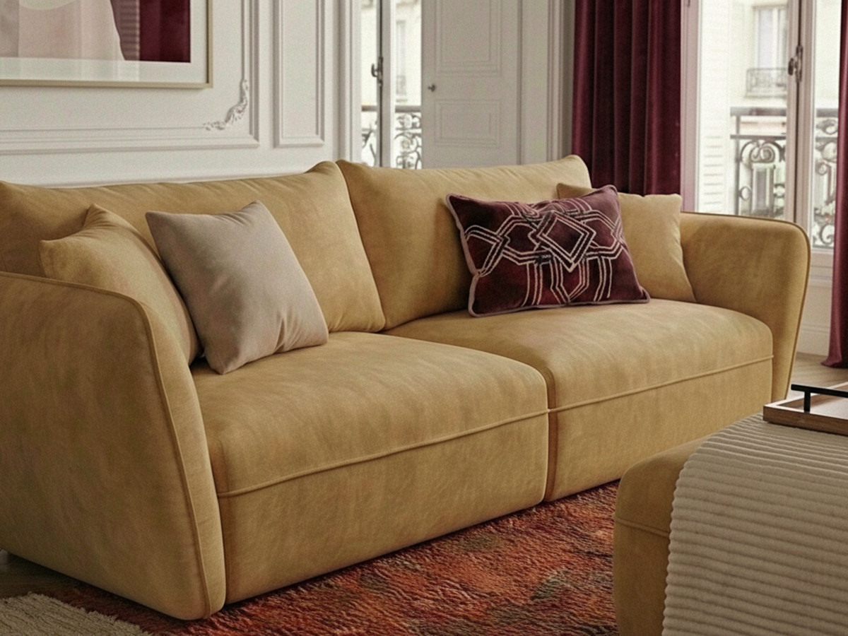 Canapé droit 3 places LUIGI texturé avec pouf jaune — vue 5