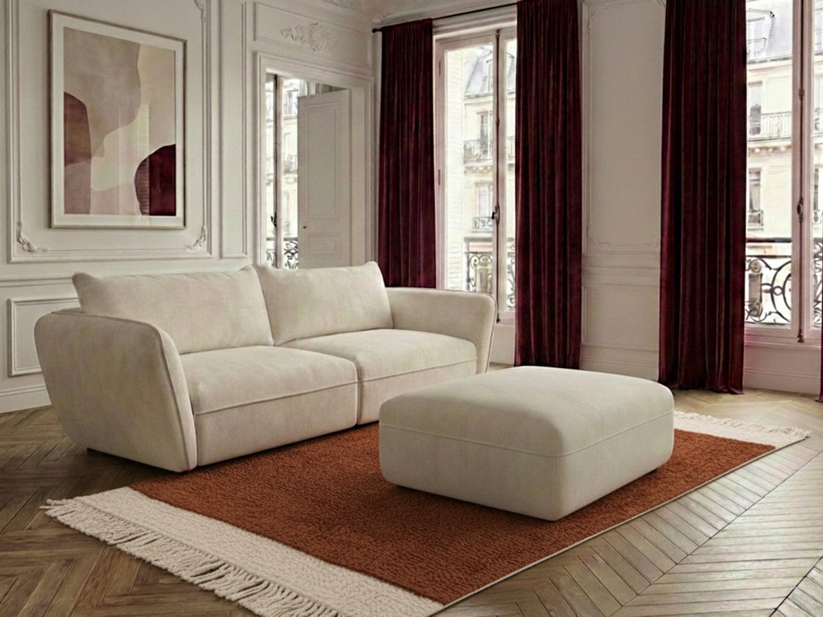 Canapé droit fixe 3 places LUIGI tissu lisse avec pouf