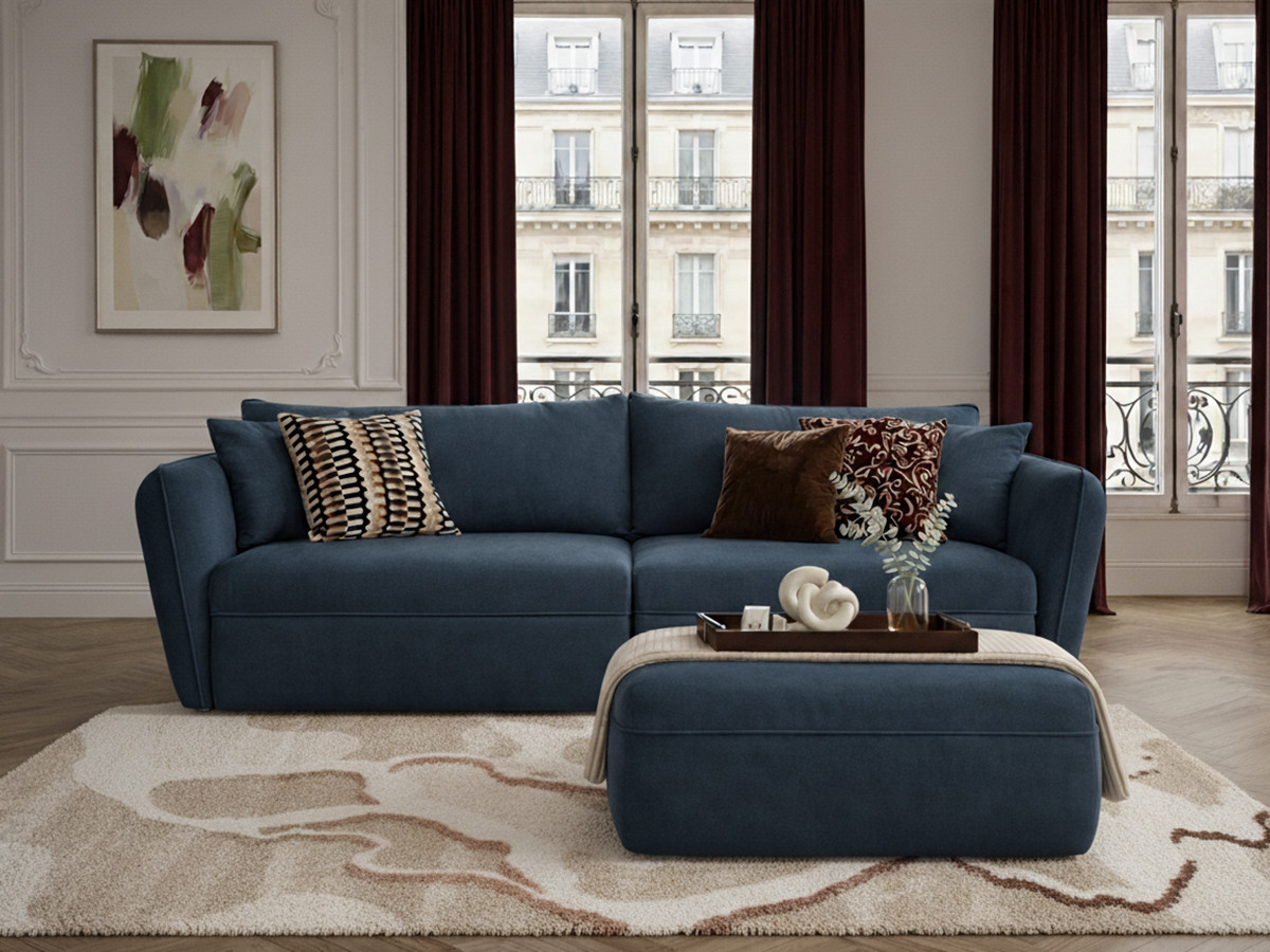 Canapé droit fixe 3 places LUIGI tissu lisse avec pouf