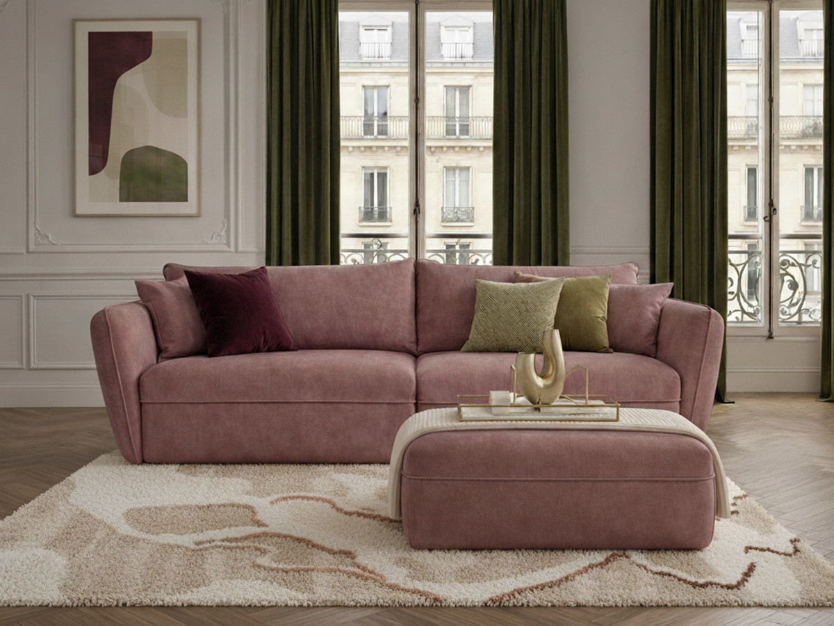 Canapé droit fixe 3 places LUIGI tissu lisse avec pouf