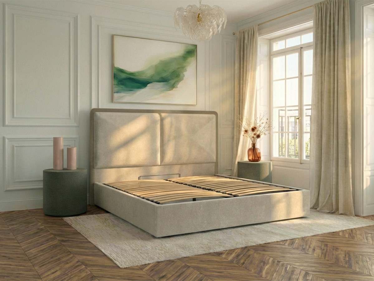 MARA opbergbed in tweekleurige, gestructureerde stof