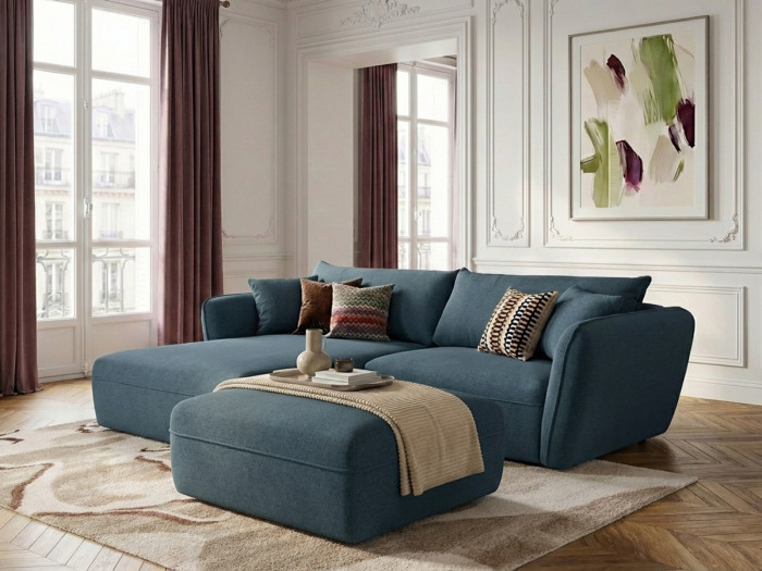 Canapé d'angle fixe LUIGI tissu texturé avec pouf