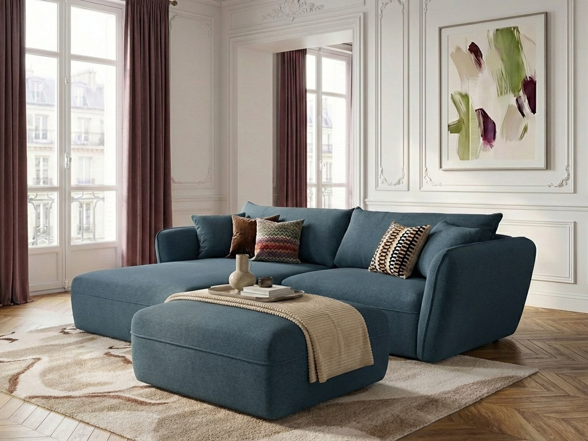 Canapé d'angle fixe LUIGI tissu lisse avec pouf