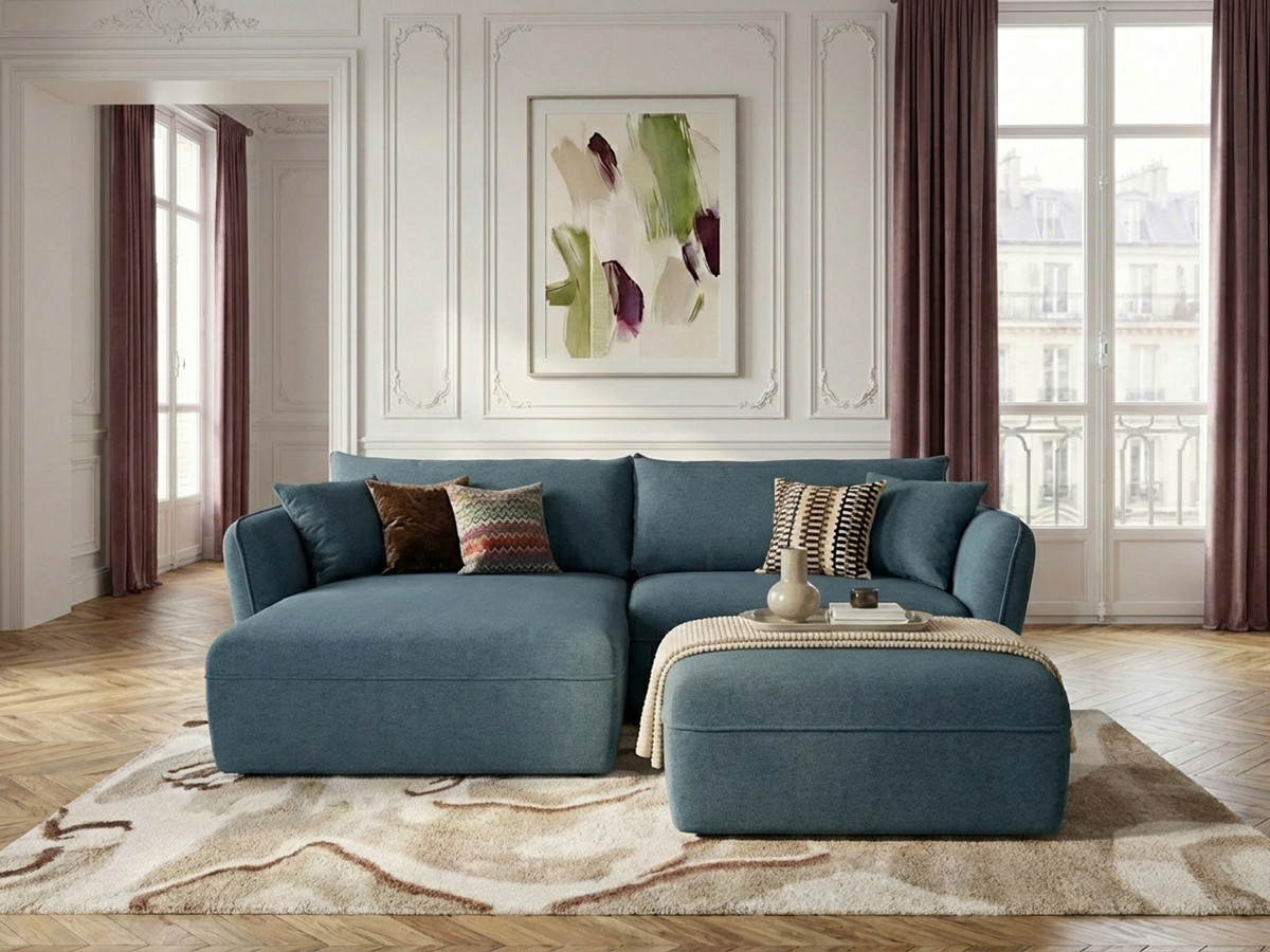 Canapé d'angle fixe LUIGI tissu lisse avec pouf