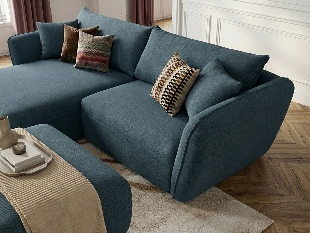 Canapé d'angle fixe LUIGI tissu lisse avec pouf