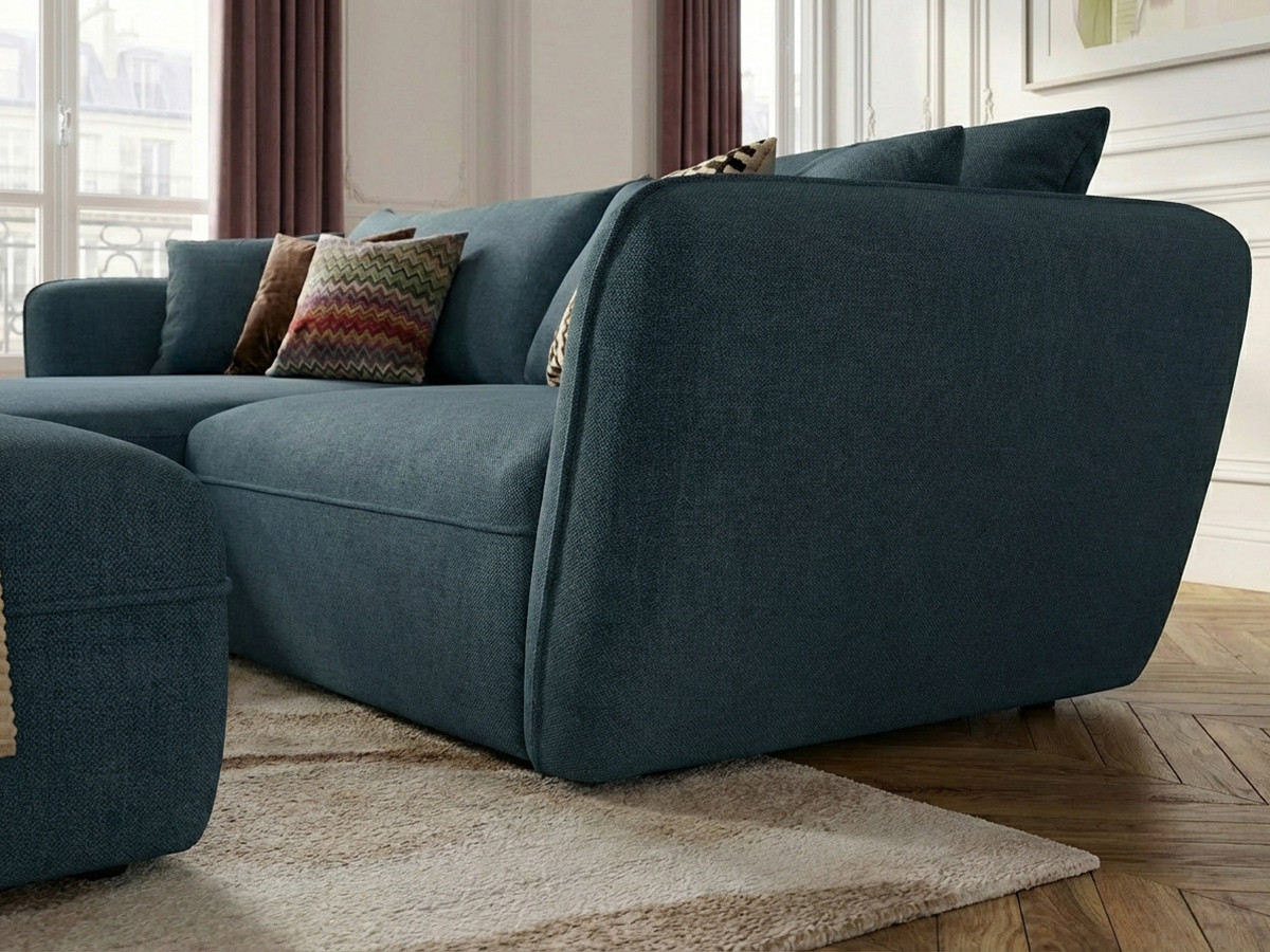 Canapé d'angle fixe LUIGI tissu lisse avec pouf