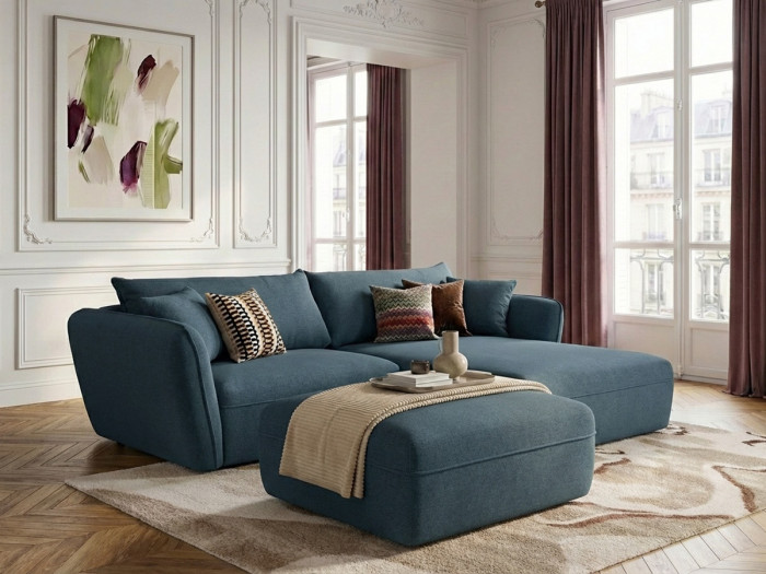 Canapé d'angle fixe LUIGI tissu texturé avec pouf