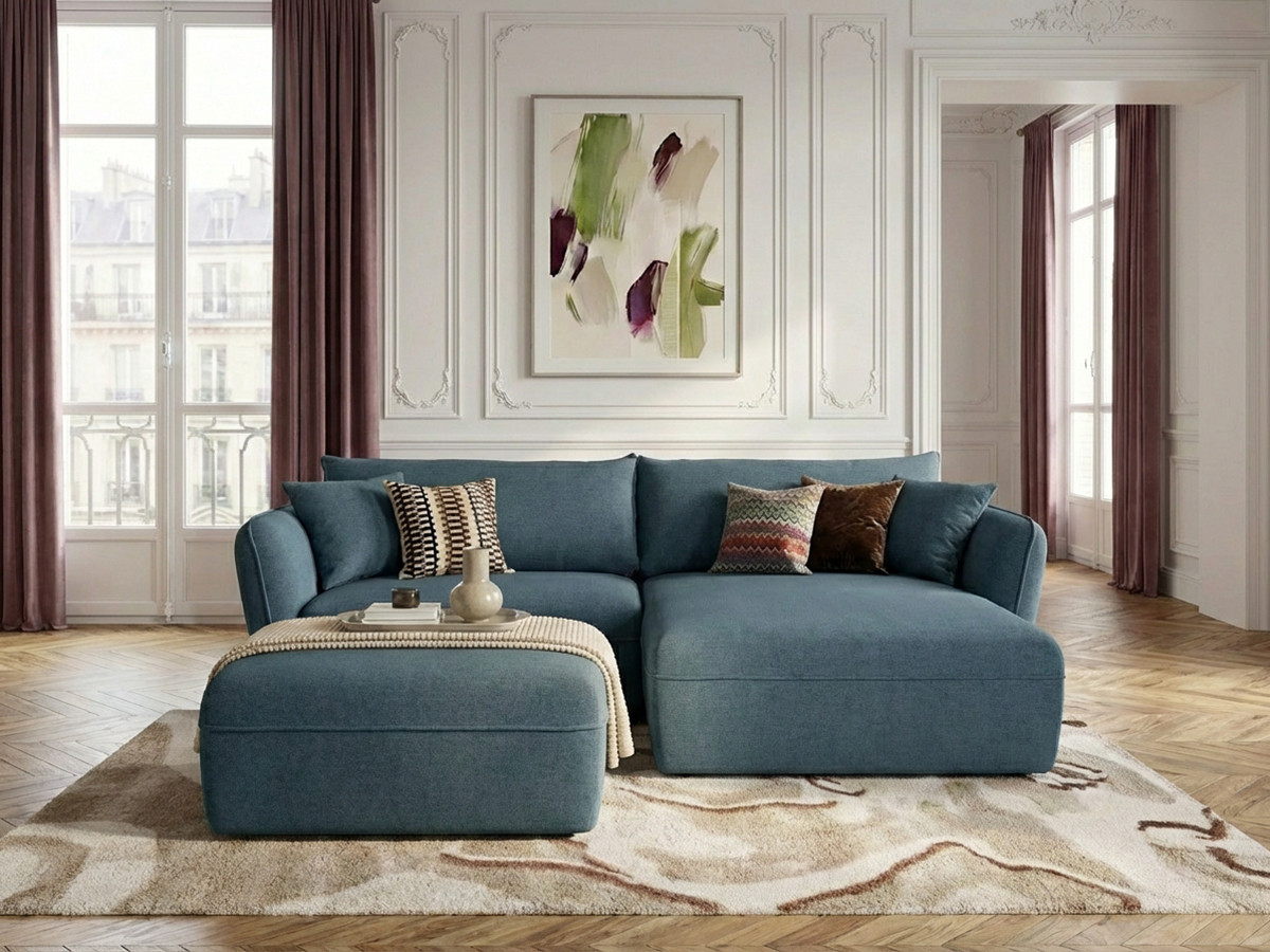 Canapé d'angle fixe LUIGI tissu lisse avec pouf