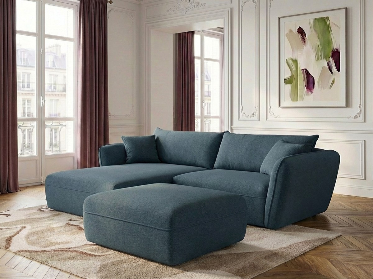 Canapé d'angle fixe LUIGI tissu lisse avec pouf
