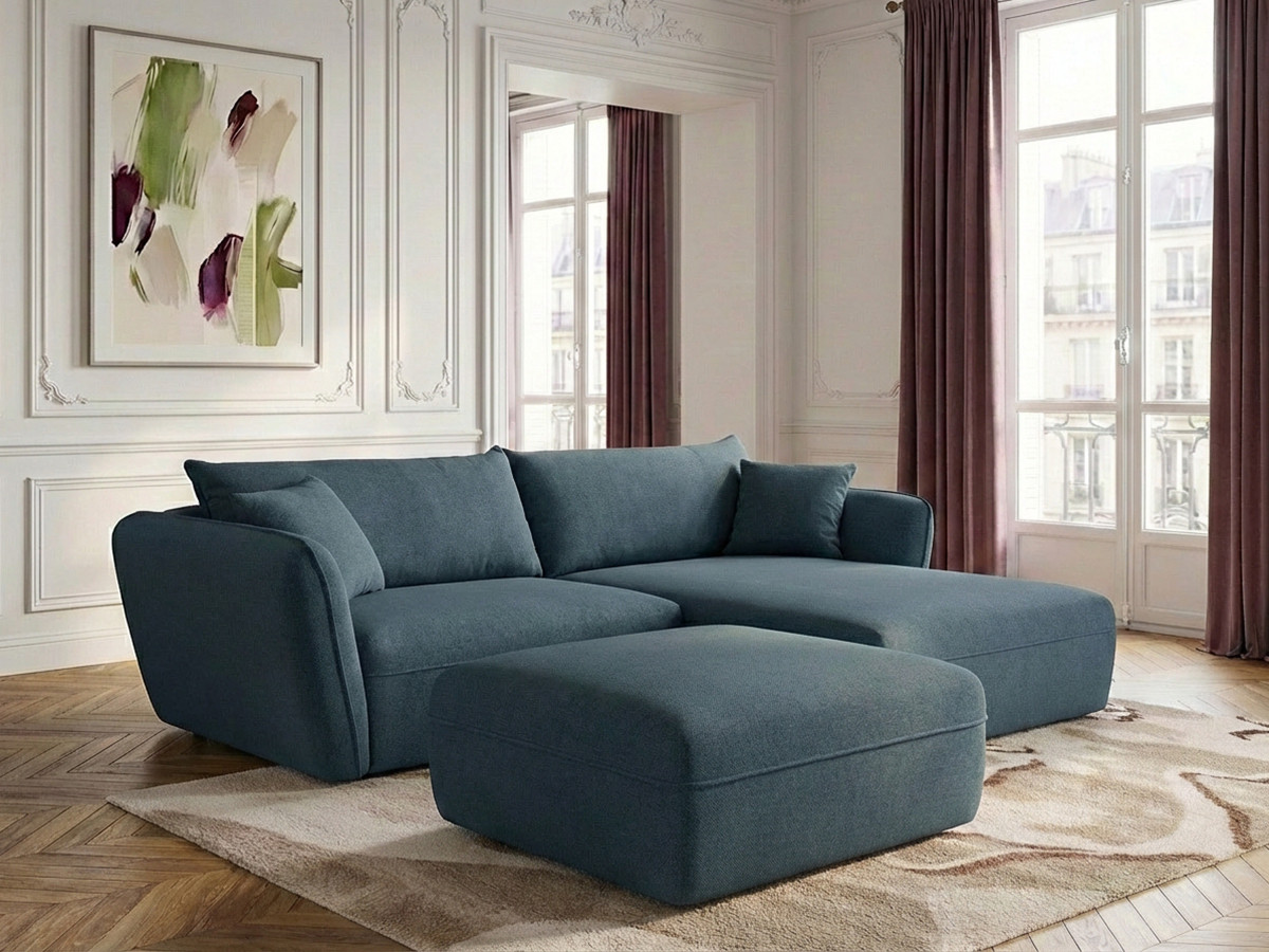 Canapé d'angle fixe LUIGI tissu lisse avec pouf