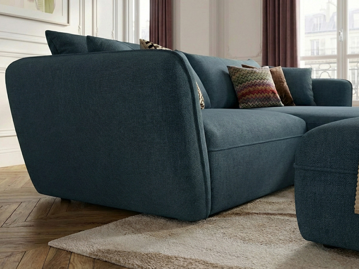 Canapé d'angle fixe LUIGI tissu lisse avec pouf