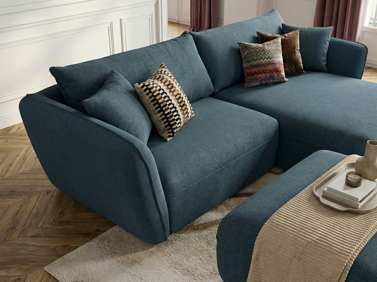 Canapé d'angle fixe LUIGI tissu lisse avec pouf