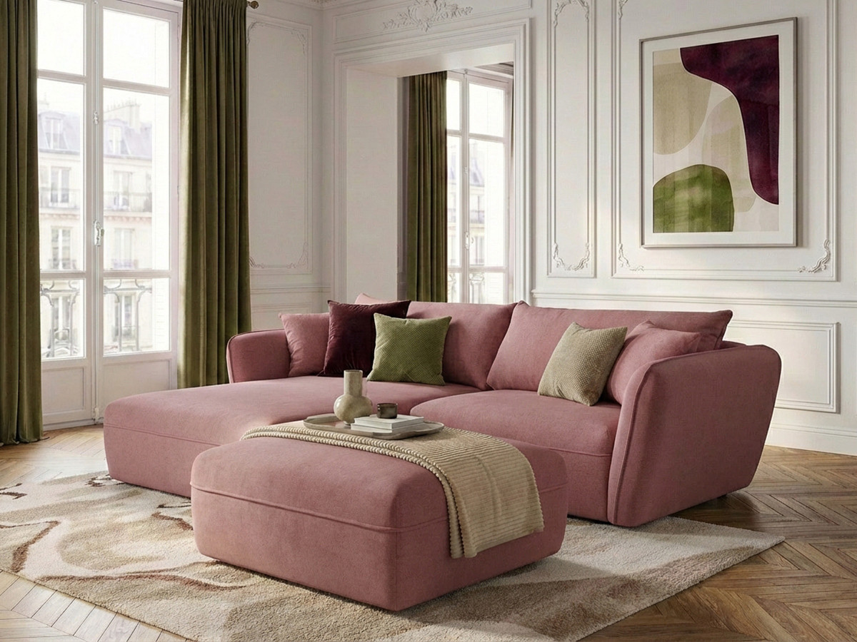 Canapé d'angle fixe LUIGI tissu lisse avec pouf rose  angle gauche BOBOCHIC 3 places