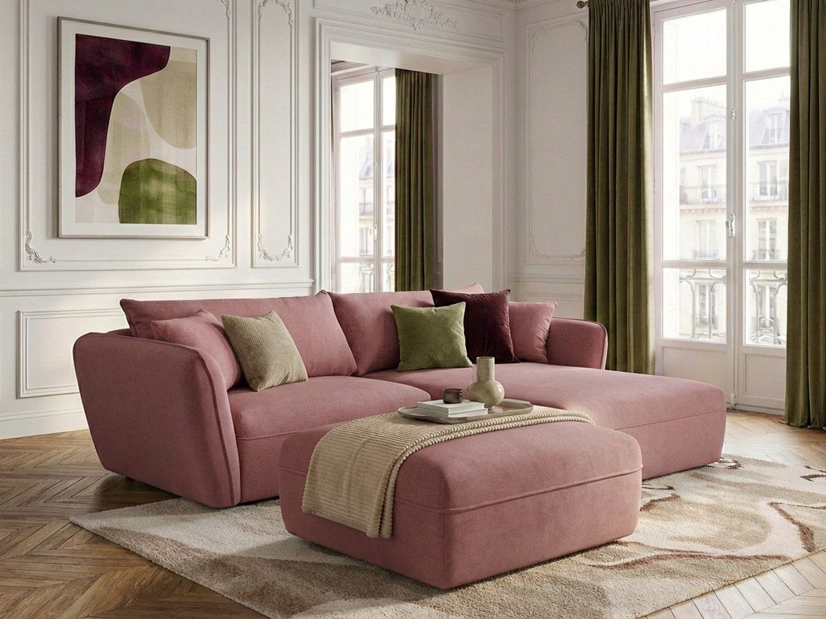 Canapé d'angle fixe LUIGI tissu lisse avec pouf
