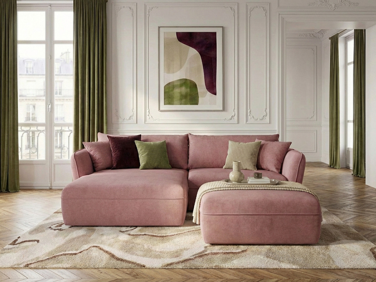 Canapé d'angle fixe LUIGI tissu lisse avec pouf