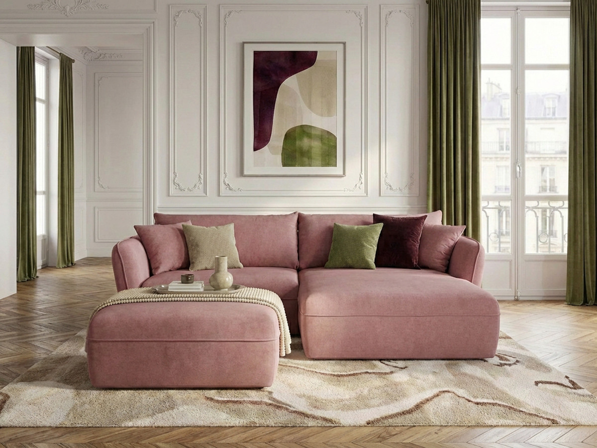 Canapé d'angle fixe LUIGI tissu lisse avec pouf