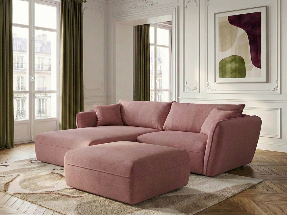 Canapé d'angle fixe LUIGI tissu lisse avec pouf