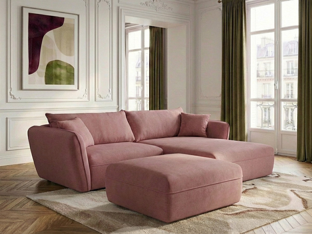 Canapé d'angle fixe LUIGI tissu lisse avec pouf