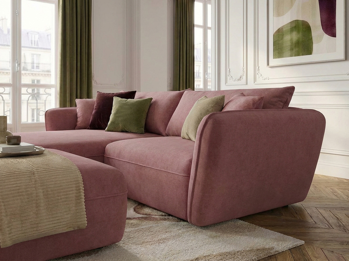 Canapé d'angle fixe LUIGI tissu lisse avec pouf