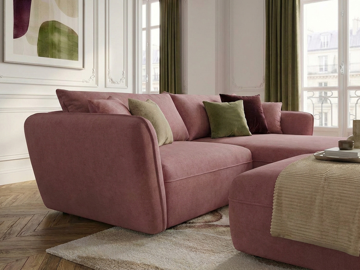 Canapé d'angle fixe LUIGI tissu lisse avec pouf