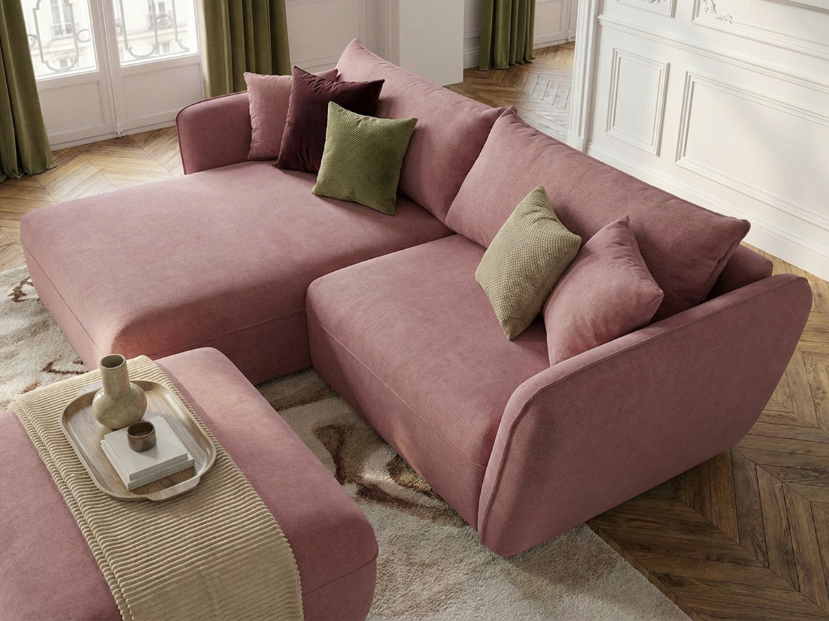 Canapé d'angle fixe LUIGI tissu lisse avec pouf