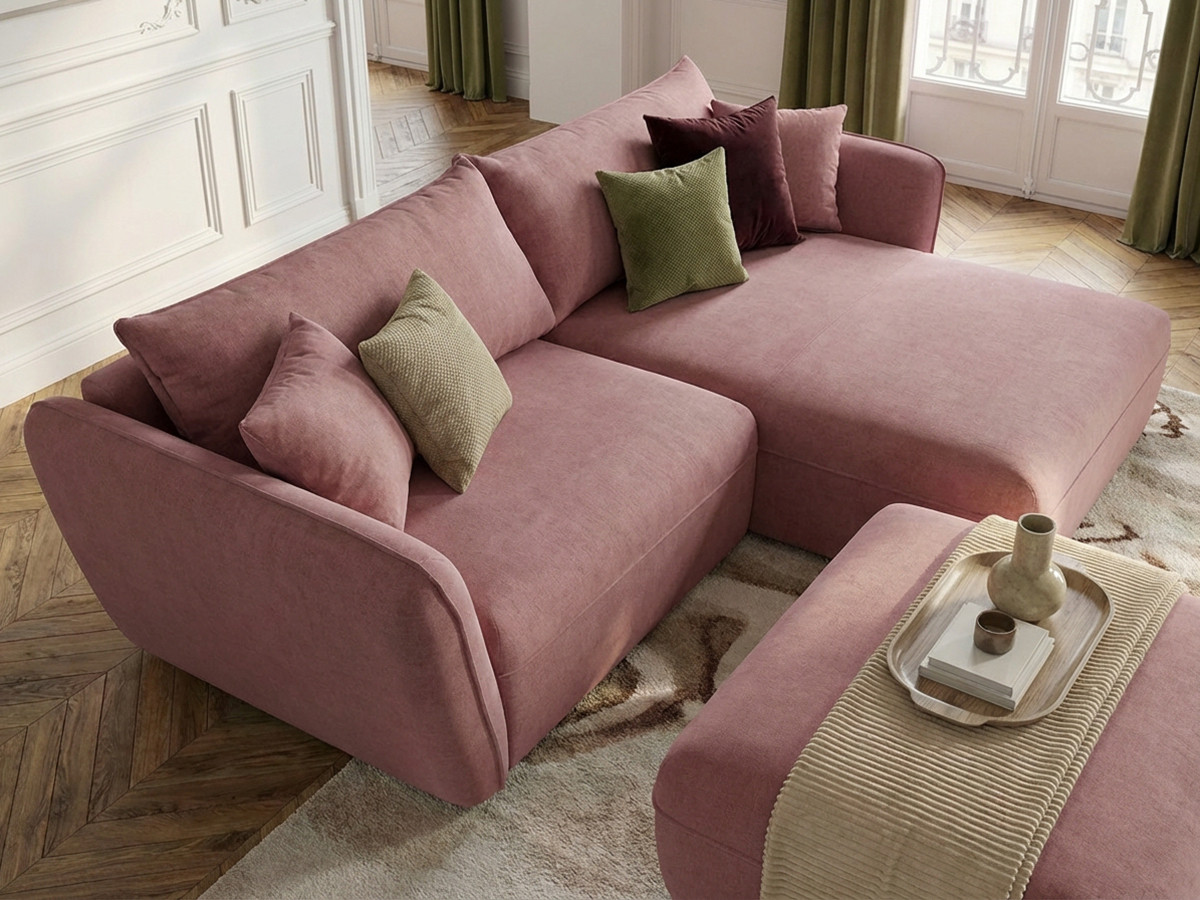 Canapé d'angle fixe LUIGI tissu lisse avec pouf