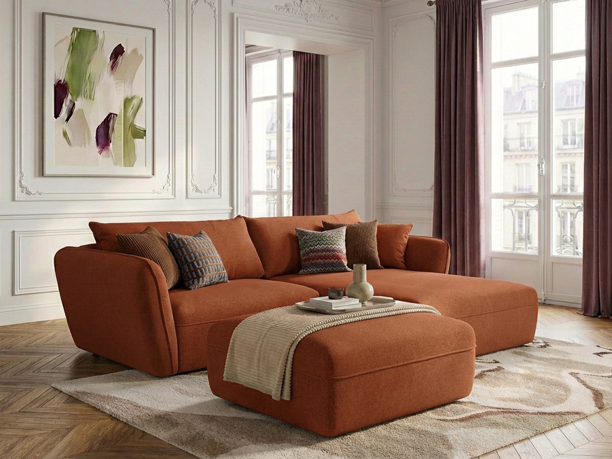 Canapé d'angle fixe LUIGI tissu lisse avec pouf
