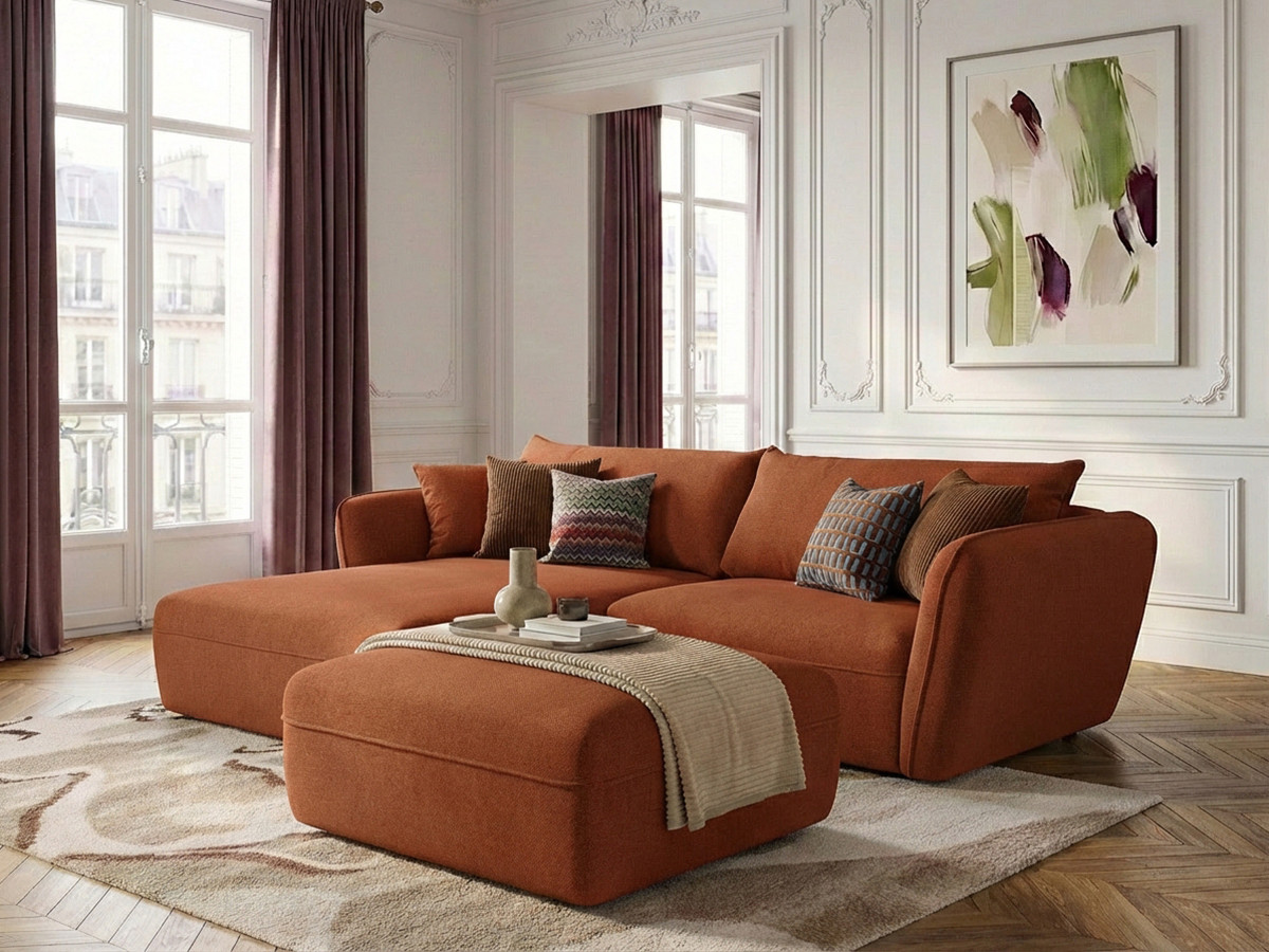 Canapé d'angle fixe LUIGI tissu lisse avec pouf orange angle gauche BOBOCHIC 3 places