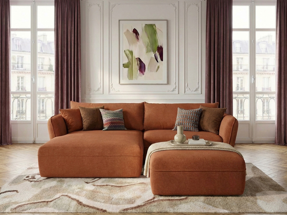 Canapé d'angle fixe LUIGI tissu lisse avec pouf