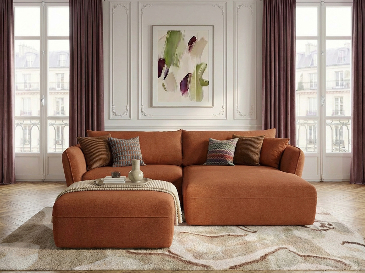 Canapé d'angle fixe LUIGI tissu lisse avec pouf