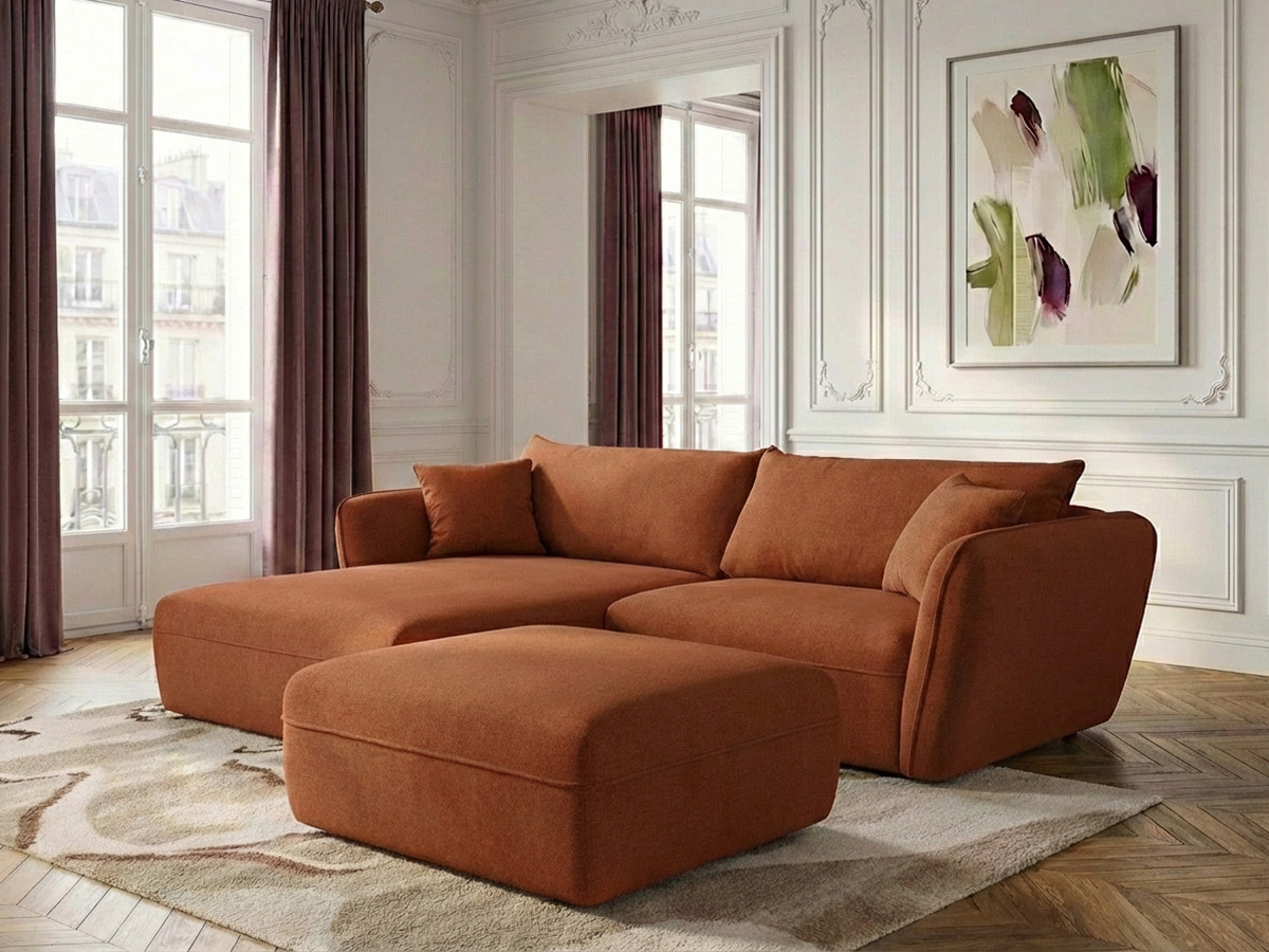 Canapé d'angle fixe LUIGI tissu lisse avec pouf