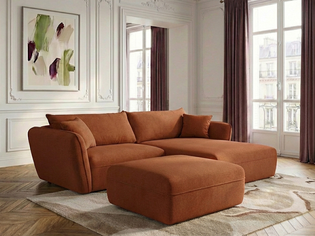 Canapé d'angle fixe LUIGI tissu lisse avec pouf