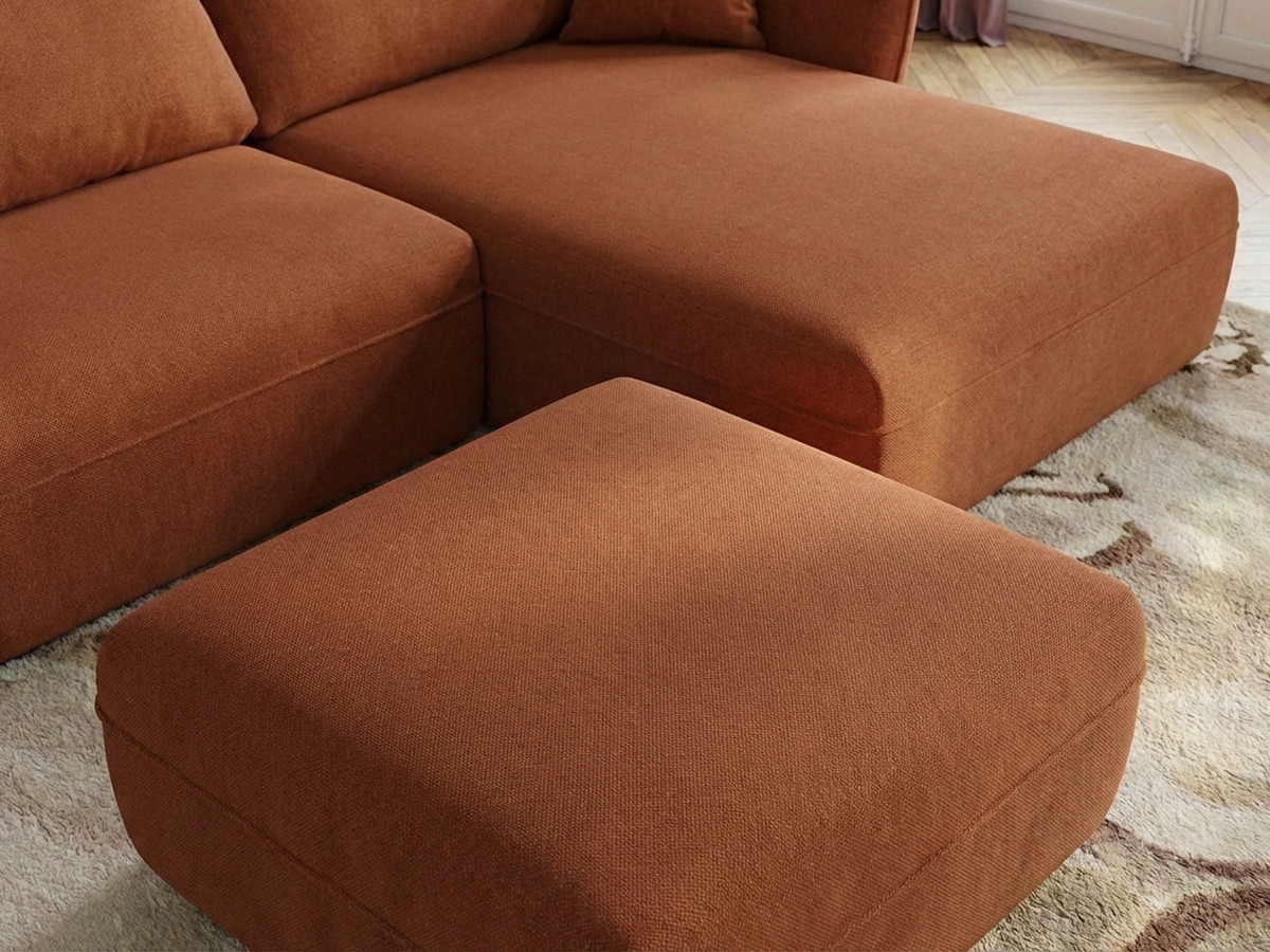 Canapé d'angle fixe LUIGI tissu lisse avec pouf