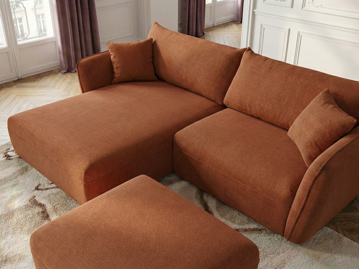 Canapé d'angle fixe LUIGI tissu lisse avec pouf