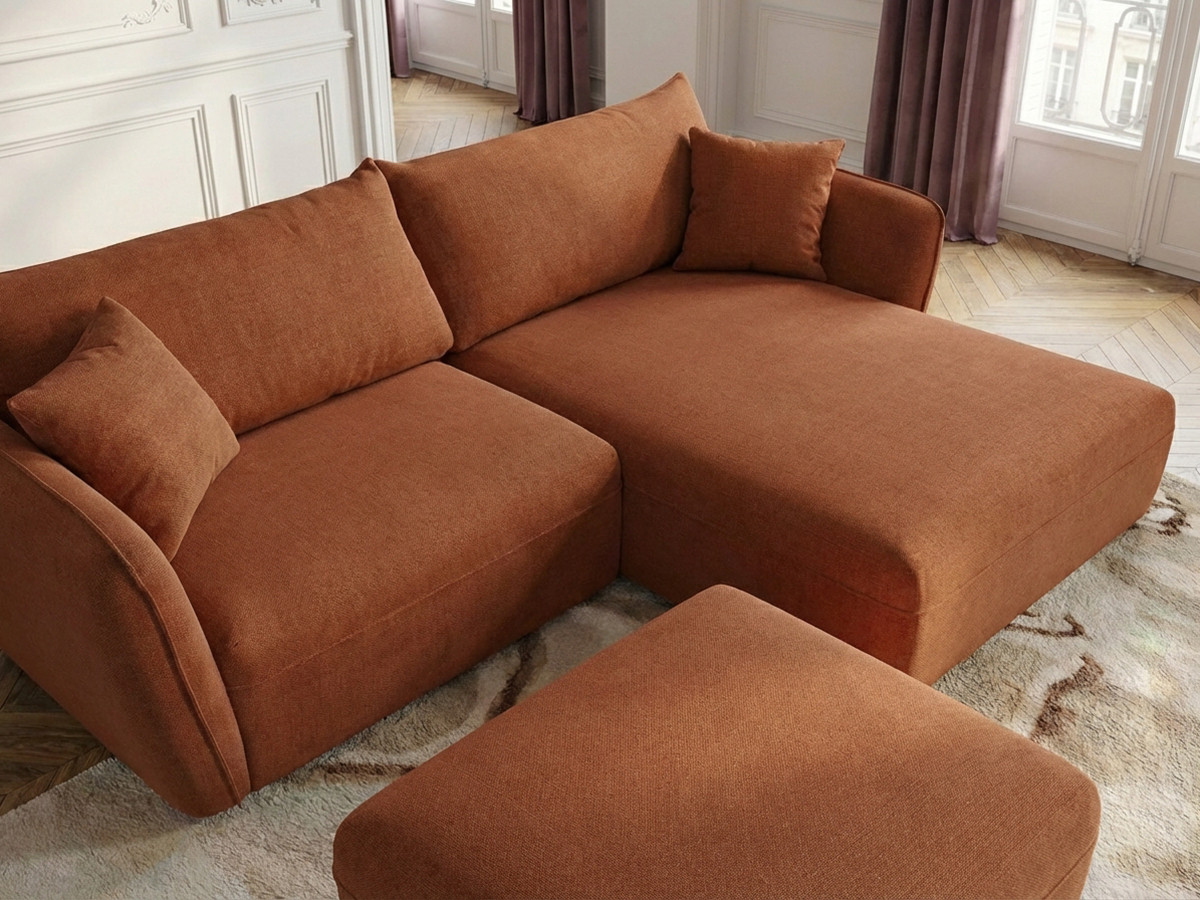 Canapé d'angle fixe LUIGI tissu lisse avec pouf