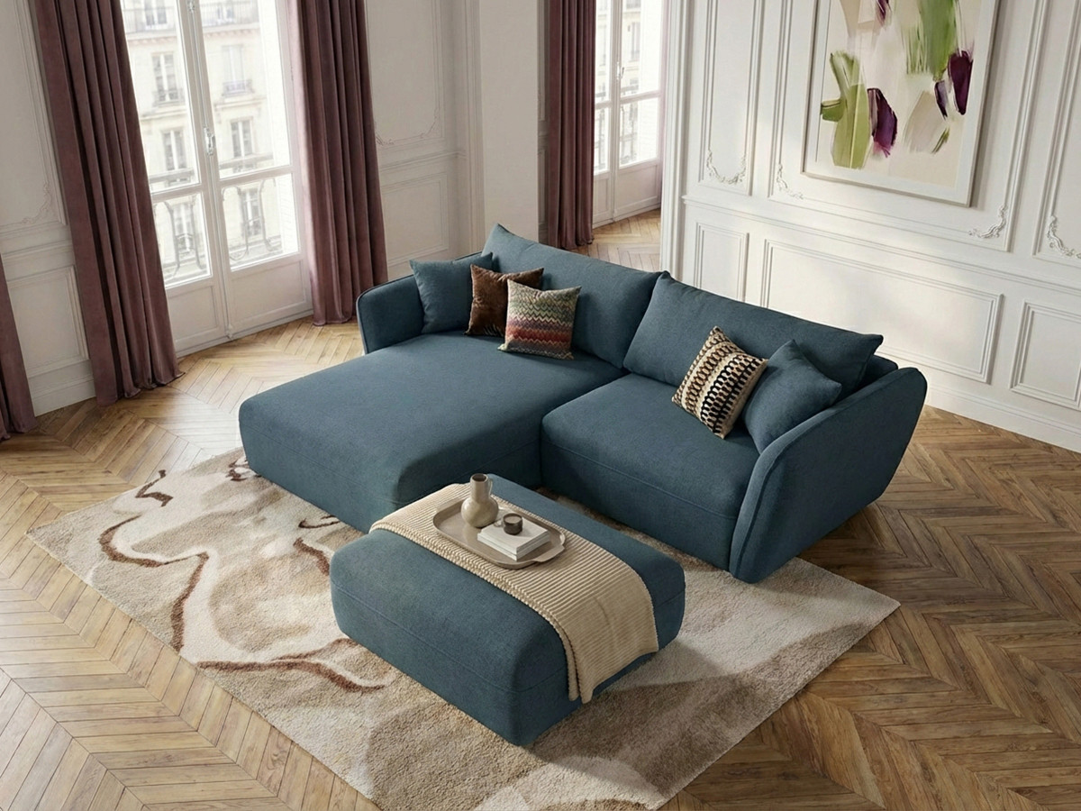 Canapé d'angle fixe LUIGI tissu texturé avec pouf