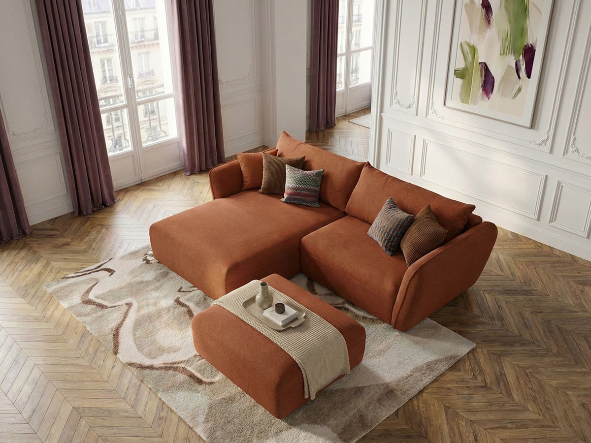 Canapé d'angle fixe LUIGI tissu texturé avec pouf