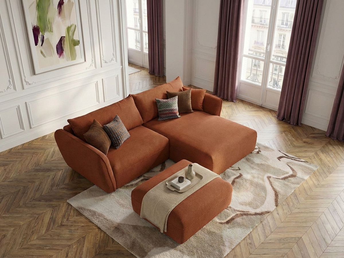 Canapé d'angle LUIGI texturé avec pouf orange — vue 5