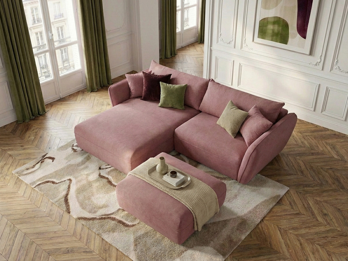 Canapé d'angle fixe LUIGI tissu texturé avec pouf